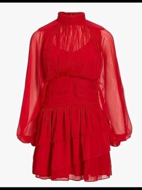 Express Red High-Neck Tiered Mini Dress